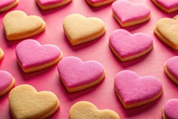 Fototapeta premium Valentine's Day baking: Minimalist heart cookies against a soft pink background. Sweet and simple.