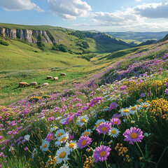 Fototapeta premium A stunning landscape of rolling hills covered in wildflowers, with grazing sheep in the distance