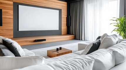 Modern Home Theater with Large Projection Screen and White Sofa