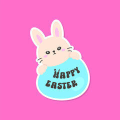 Playful Bunny Holding Cyan Egg with Happy Easter Text