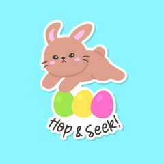 Brown Bunny with Colorful Easter Eggs and Hop and Seek Text