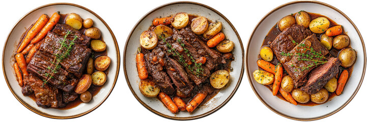 Savory pot roast with roasted potatoes and carrots.