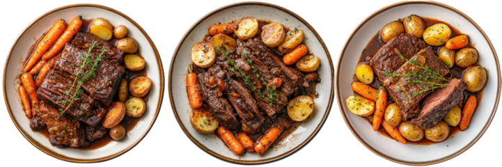 Savory pot roast with roasted potatoes and carrots.
