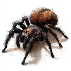 A detailed low poly illustration of a hairy tarantula spider showcasing its intricate texture and vibrant reddish-brown and black coloration against a stark white background.