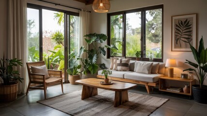 Modern biophilic interior with plants and natural light