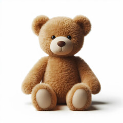 A classic teddy bear with soft, light brown fur, sitting upright against a clean white background.