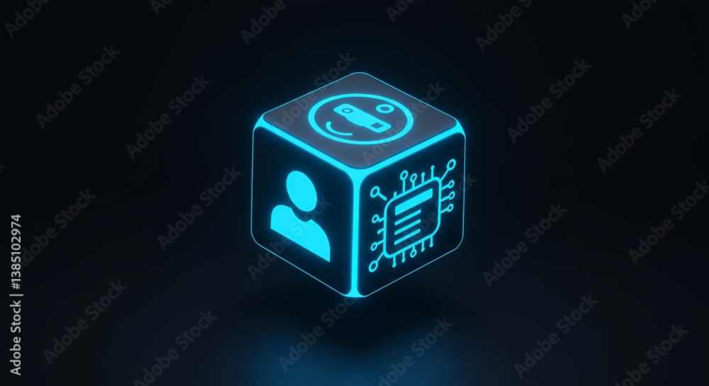 Poster futuristic cube with glowing icons representing technology, artificial intelligence, and user interf