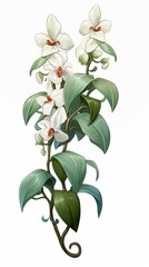 Obraz premium A stunning illustration showcases a low poly vanilla orchid vine with delicate white blossoms and vibrant green leaves winding gracefully against a clean white background.