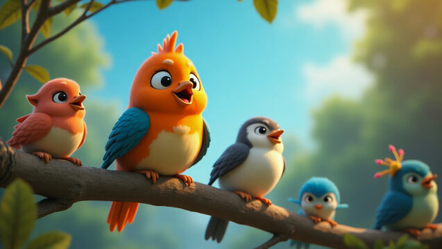 AI-generated images of a storybook character, 3D animation-style, cute, playful baby birds perched on a branch, singing 