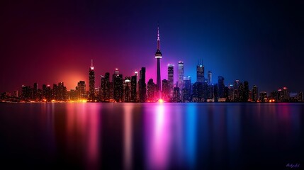 Obraz premium Neon Toronto Skyline Nightscape Vibrant Cityscape Reflection.