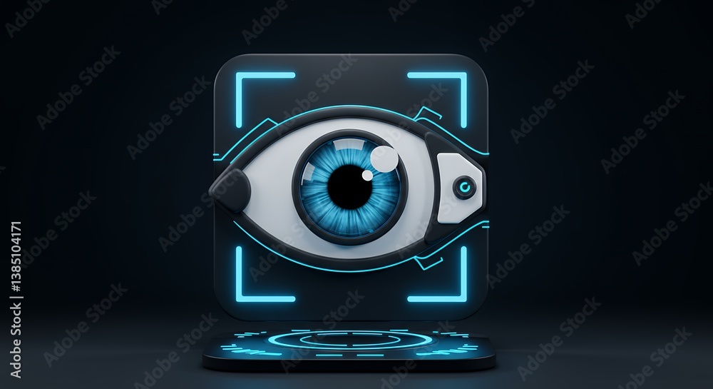 Poster futuristic eye scan technology concept with blue neon glow for security and recognition, showcasing 