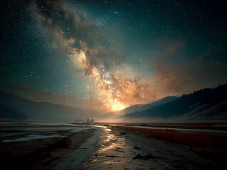 breathtaking view of Milky Way illuminating serene wilderness landscape, with winding river reflecting stars