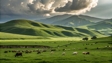 A scenic landscape of rolling green hills with grazing cows under a dramatic cloudy sky, capturing a pastoral and natural scene. 
