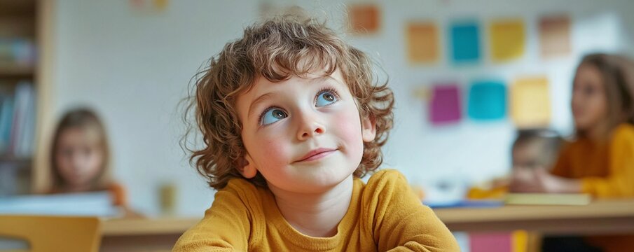 Curious young boy looking up during lesson at elementary school