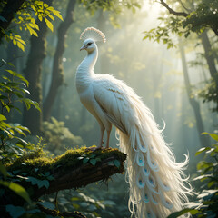 A majestic white peacock perches gracefully on a moss-covered branch in a sun-dappled forest, its iridescent feathers shimmering with an ethereal glow. 