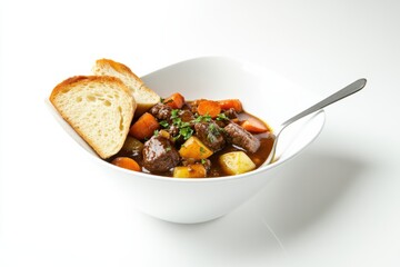 A bowl of hearty beef stew with carrots, potatoes, and a rich gravy. Featuring warmth and flavor