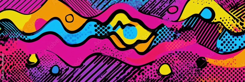 Poster Dynamic Memphis style pattern showcasing bold geometric shapes and vibrant neon colors to create a playful visual experience for modern design lovers
