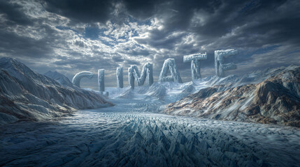 A glaciologist tracking ice sheet changes with the word CLIMATE hovering above  