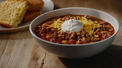 A bowl of hearty chili with beans, ground beef, and a dollop of sour cream. Featuring warmth and bold flavors