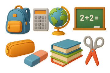 Colorful 3d school supplies collection: backpack, calculator, books, and more for educational themes