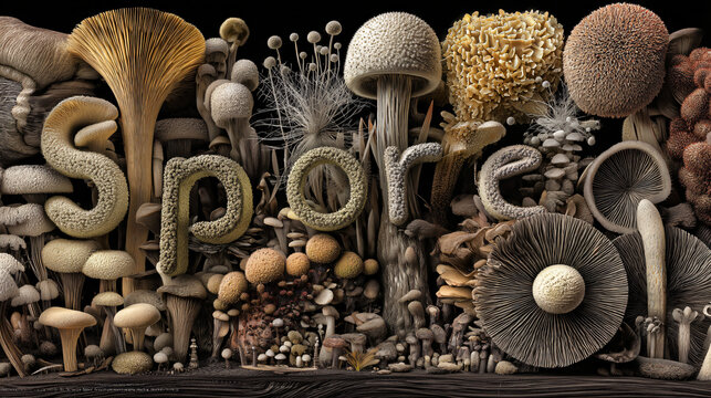 A mycologist cataloging fungal species with the word SPORE suspended above  