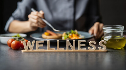 A nutritionist creating meal plans with the word WELLNESS floating above  