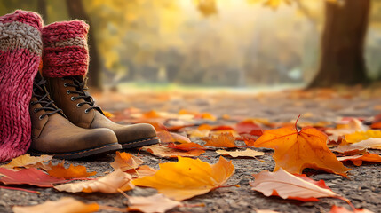 Autumn leaves scattered on ground with boots and cozy scarf in the frame