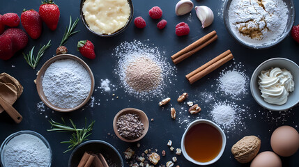 Creative flat lay of baking ingredients for a homemade dessert scene