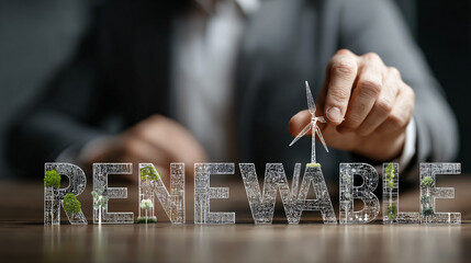 A sustainability expert analyzing eco-metrics with the word RENEWABLE floating above it  