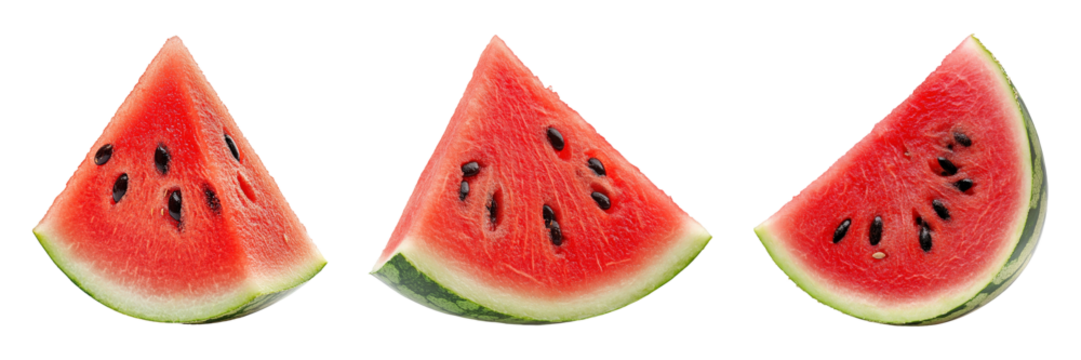 Three slices of ripe red watermelon.