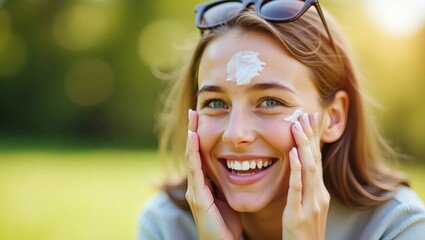 A woman applies sunscreen on her face while enjoying sunshine, protecting herself from harmful ultraviolet rays.