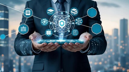 Businessman in suit holding digital hologram with tech icons over city skyline at dusk, futuristic data interface in hands - Powered by Adobe