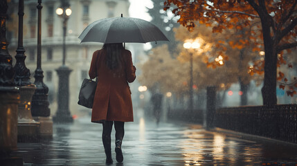Woman walking in the rain with umbrella