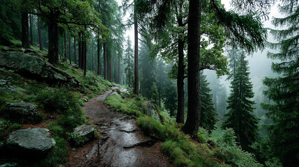 Obraz premium Step into a Mysterious, Dense Misty Forest Where an Enchanting Path Leads Through Towering Trees and Whispers of Ancient Nature in a Fairytale Setting