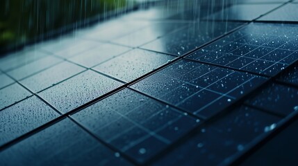 Rainwater cascading on solar panels, showcasing sustainable energy in nature's embrace during a quiet, rainy afternoon
