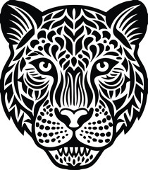 Vector Leopard  Jaguar Head Logo – Tribal and Modern Wild Cat Illustration with Bold Black and Orange Pattern, Blue Eyes, Tattoo Style Art