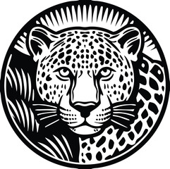 Vector Leopard  Jaguar Head Logo &ndash; Tribal and Modern Wild Cat Illustration with Bold Black and Orange Pattern, Blue Eyes, Tattoo Style Art