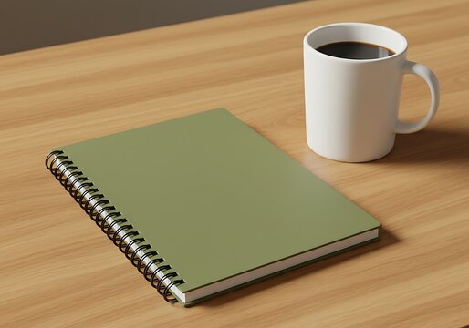 Olive green spiral notebook with coffee mug on wooden desk mockup scene
