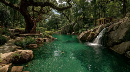 Explore a Bright Green Jungle Featuring a Majestic Waterfall Flowing into a Crystal Clear Oasis of Serenity