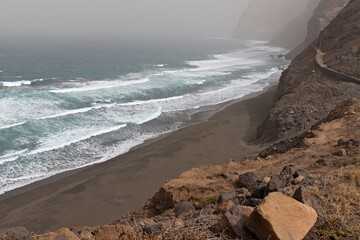 View of the coast of Santo Antao island and the Atlantic ocean while walking the Rota de Ponta do...
