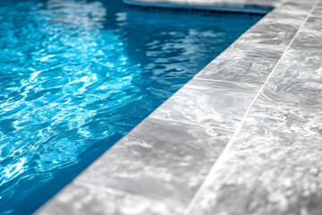 The edge of a swimming pool with shimmering blue water and textured stone coping on a sunny summer day