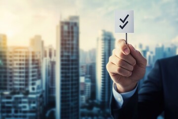 Businessman holding double check mark symbol