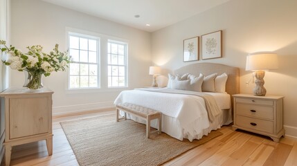 Light-filled bedroom with natural light and beige decor. Interior design