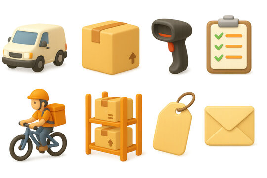 Stylized 3d delivery icons: van, box, scanner, checklist, biker, shelf, tag, envelope