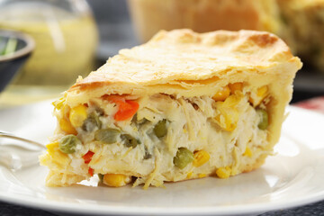 Piece of delicious fresh homemade pie on table, closeup