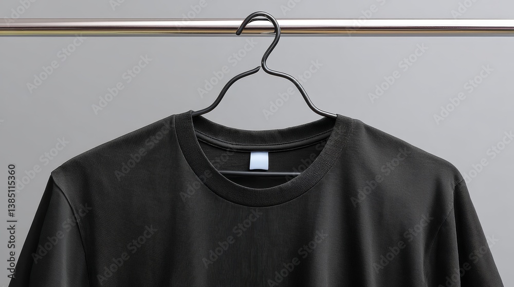 Aufkleber black t-shirt mockup hangs on a simple hanger, showcasing intricate fabric texture and stitching. se