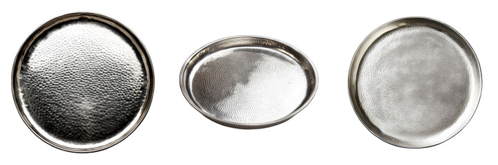 Three hammered metal serving platters.