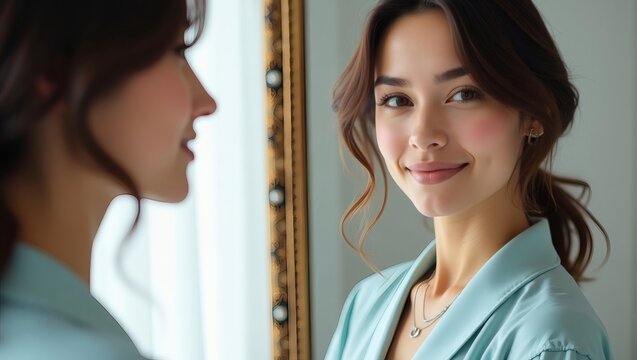 a young woman gazing at her reflection in a ornate mirror, wearing elegant attire and showcasing a calm expression