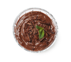 Tasty chocolate pudding with mint isolated on white, top view
