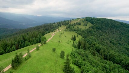 Aerial view of winding dirt path leading over lush green hills, bordered by dense forests. Landscape stretches into the distance with layered mountain ranges under an overcast sky.